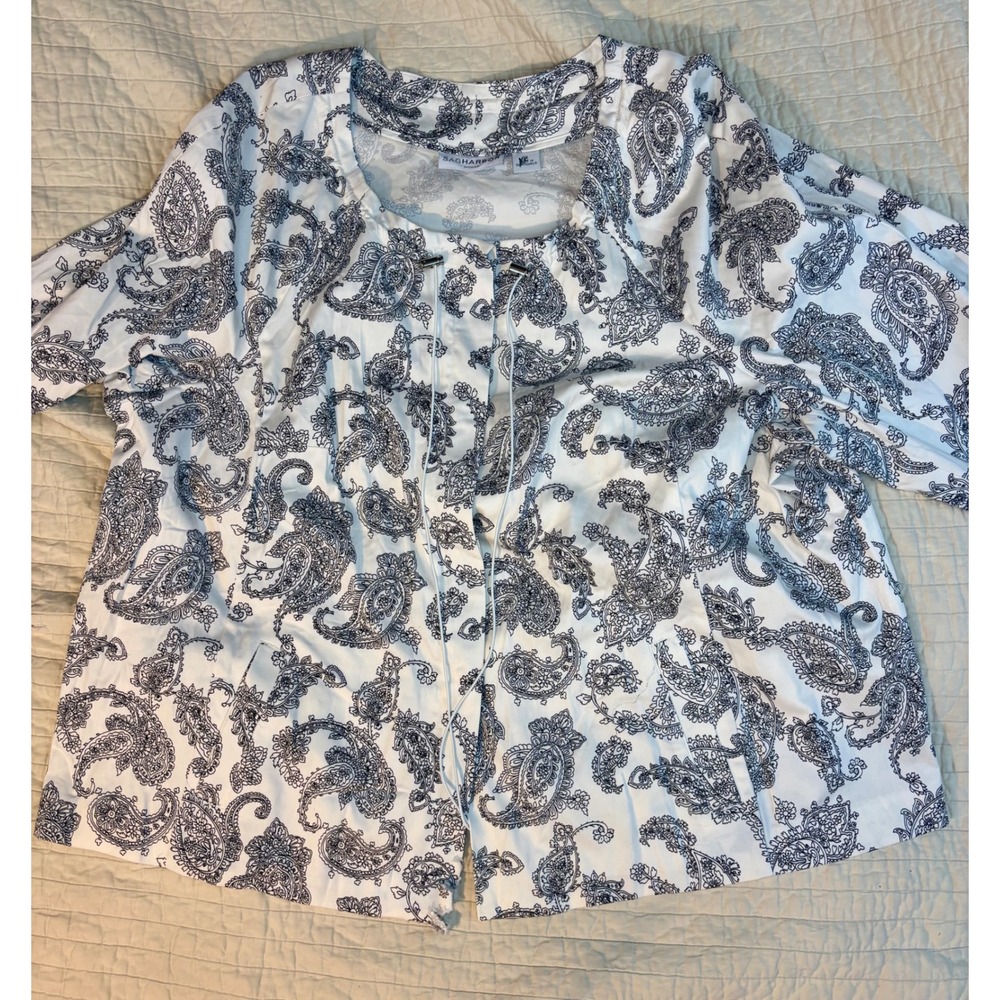 Sag Harbor Woman Paisley Open Front Jacket White Navy Blue 3X U94604SK1
